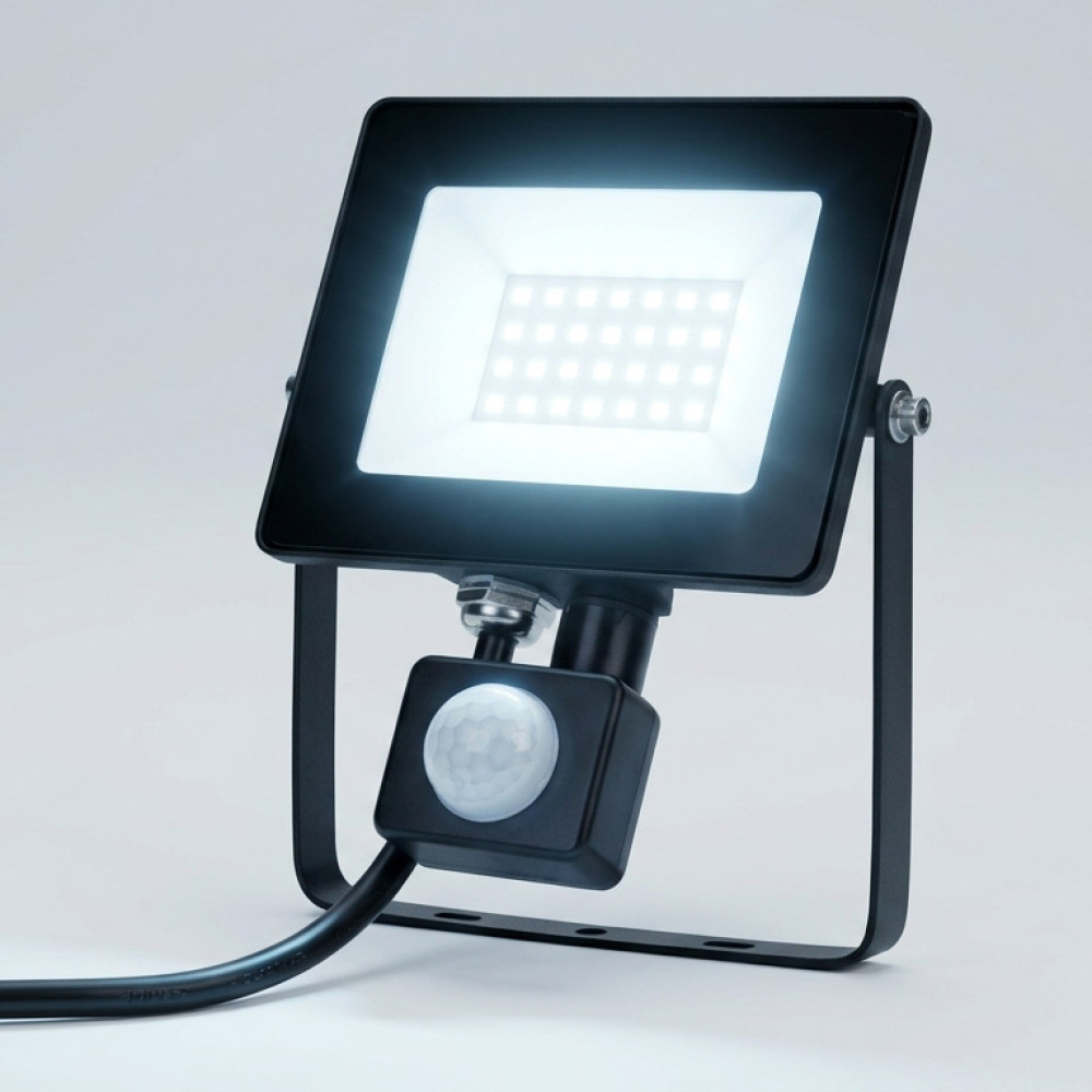EL198826 | LED PIR 20W|6500k|1800lm FLOODLIGHT CAST ALUM.220-240V~IP65/IP54 GLASScover|BLACK|{enjoysimplicity}™