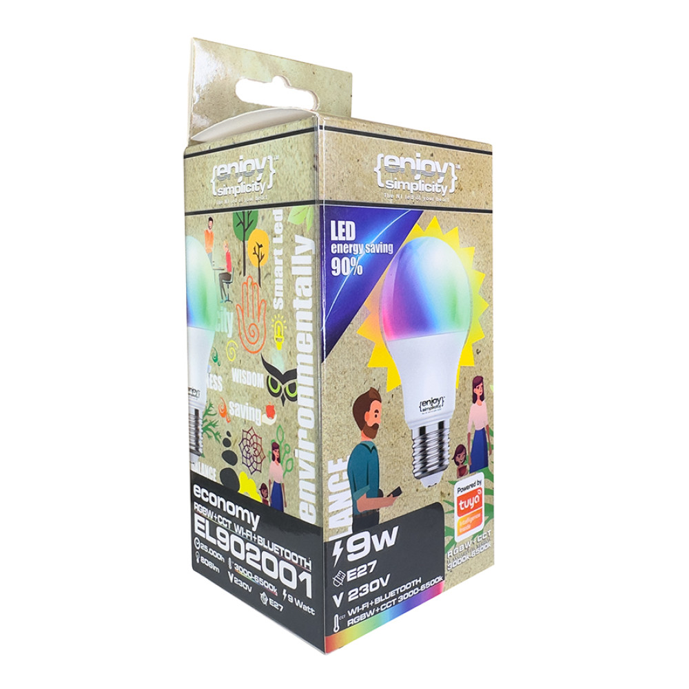EL902001 | SMART Wi-Fi+BLE RGBW+CCT A60 LED 9W(>60W)|E27|3000-6500k|806lm|{enjoysimplicity}™ EL902001 | SMART Wi-Fi+BLE RGBW+CCT A60 LED 9W(>60W)|E27|3000-6500k|806lm|{enjoysimplicity}™