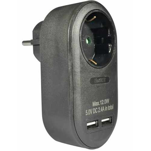 ELP37102 | ΑΝΤΑΠΤOΡΑΣ ΜΕ USB SCHUKO → 1Θ SCHUKO max:3680W IP20 ΜΑΥΡΟ
